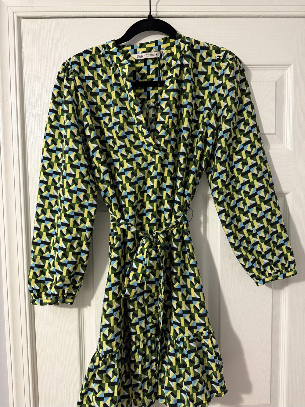 Zara Green Geometric Wrap Dress with Blue and Black Accents